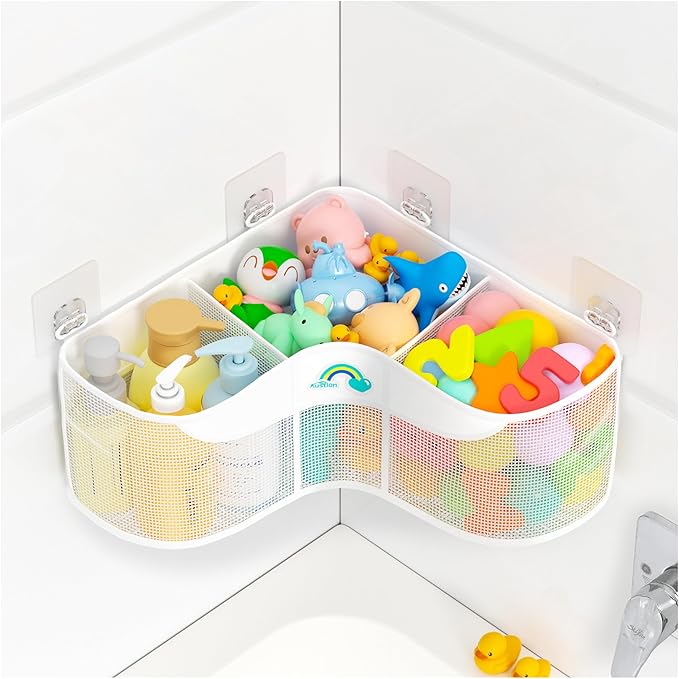 3-Compartment Corner Bath Toy Storage Organizer for Tub - Wide-Opening Mesh Kids Bath Toy Holder with Easy Sorting & Storage, Quick-Drying Machine-Washable Bathroom Organizer for Tidy Bathtub