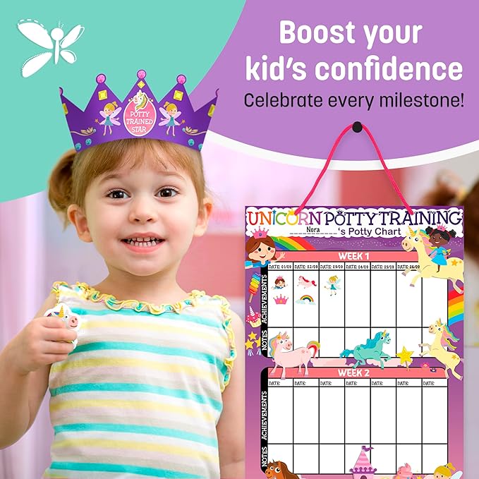 Potty Training Chart for Toddlers Girls, Unicorn Design - Sticker Chart, 4 Week Reward Chart - 213 Cute Stickers, Certificate, Instruction Booklet & Motivational Cards - Bonus Celebratory Crown