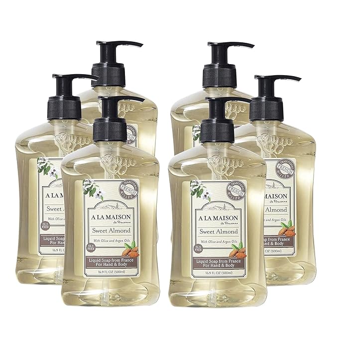 A LA MAISON French Liquid Hand Soap, Almond - Natural Hand Wash Made with Essential Oils - Biodegradable, Plant-Based, Vegan, Cruelty-Free, Alcohol & Paraben Free (16.9 oz, 6 Pack)