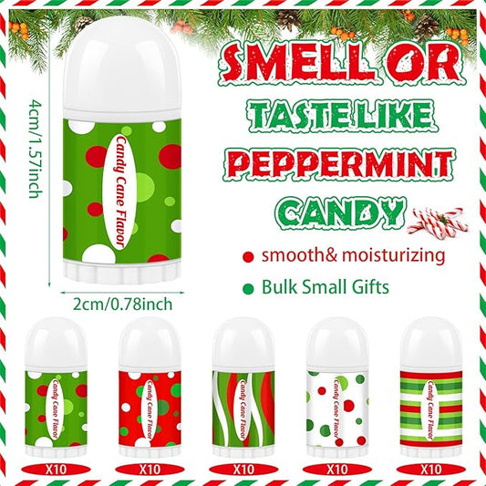 50 Pcs Christmas Lip Balm Bulk Mini Candy Cane Peppermint Flavor Lip Balms Bulk Christmas Stocking Stuffers Xmas Party Gifts Small Thank You Employee Appreciation Gifts for Women Men (Green Red)