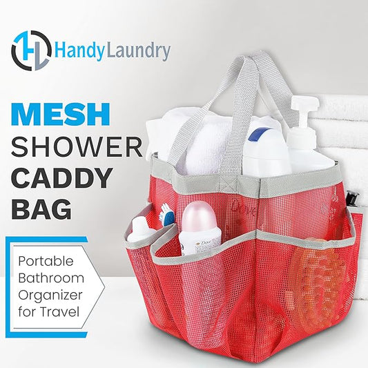 Handy Laundry Mesh Shower Caddy - 7 Pocket Portable Bathroom Organizer Tote for Travel, Gym & Dorm - Collapsible Small Shower Caddy Bag to Hold Toiletries & Essentials (Pink)