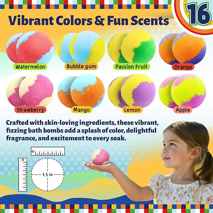 Kids Bath Bombs with Food Toys Inside, 16 Pack Colorful Surprise Bath Fizzies Set, Organic Fizzy Bubble Bath Bombs for Girls & Boys, Ages 3+