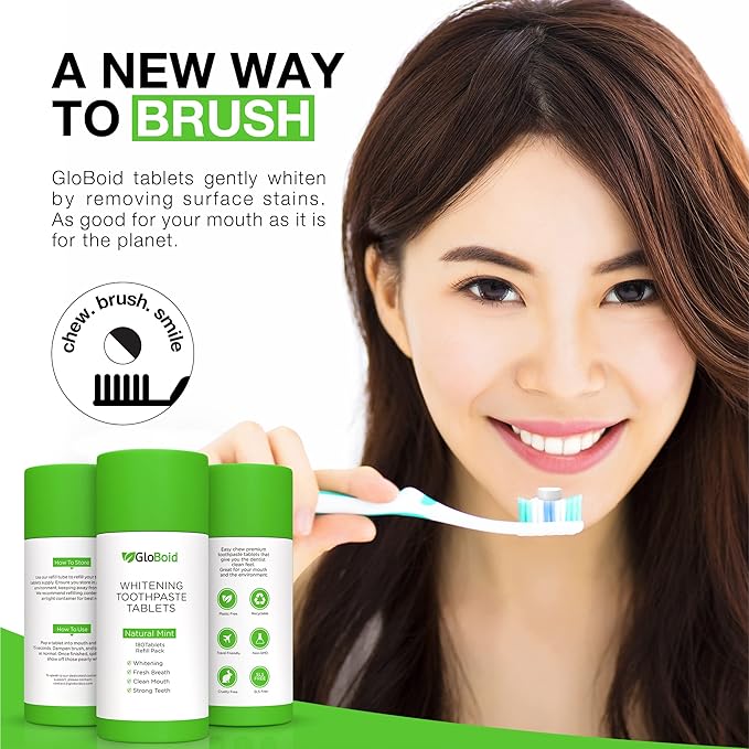 GloBoid Nano Hydroxyapatite Toothpaste Tablets 3 Month Refill, Zero Waste, Eco Friendly & Plastic Free Toothpaste Tabs, Toothpaste Bites Perfect for Travel - Mint