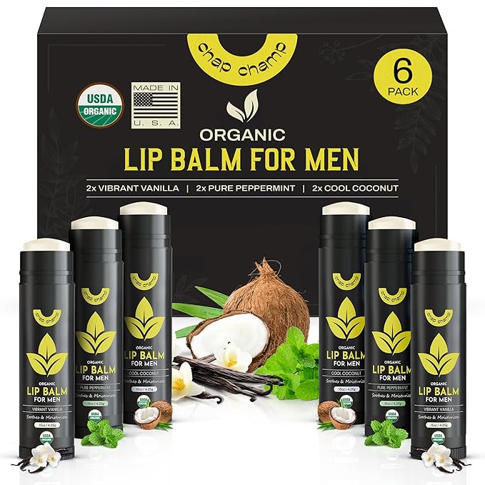 Lip Balm for Men - USDA Organic Certified Chapstick for Men - All Natural Ingredients - Contains Vitamin E and Beeswax - Peppermint, Coconut & Vanilla - MADE IN THE USA (6 pack)