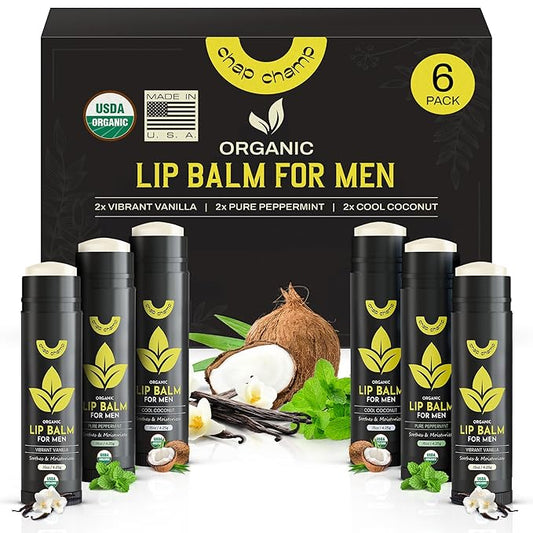 Lip Balm for Men - USDA Organic Certified Chapstick for Men - All Natural Ingredients - Contains Vitamin E and Beeswax - Peppermint, Coconut & Vanilla - MADE IN THE USA (6 pack)