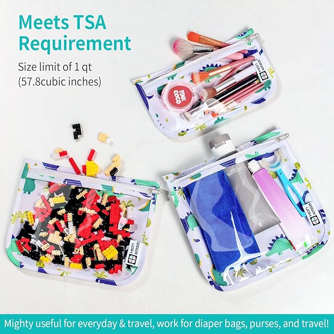 TSA Approved Toiletry Bag, Set of 3 Clear Travel Toiletry Bag Quart Size Zipper Travel Pouch, Waterproof Makeup Cosmetic Bag for Women Men Kids Toiletries Carry on, Dinosaur White