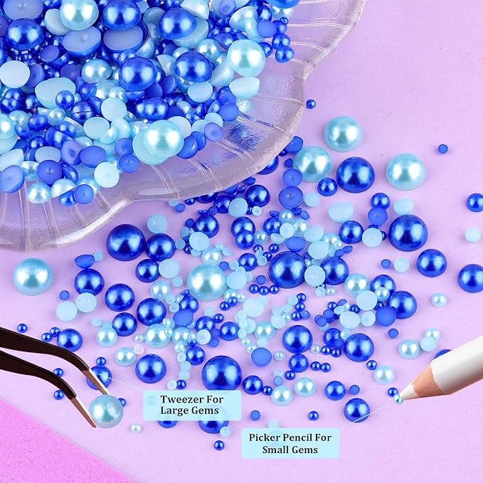 2 Boxes Flat Back Pearls Kit 19 Flatback Blue Series Half Round Pearls 2-8mm with Pickup Pencil and Tweezer for Home DIY and Professional Nail Art, Face Makeup and Craft