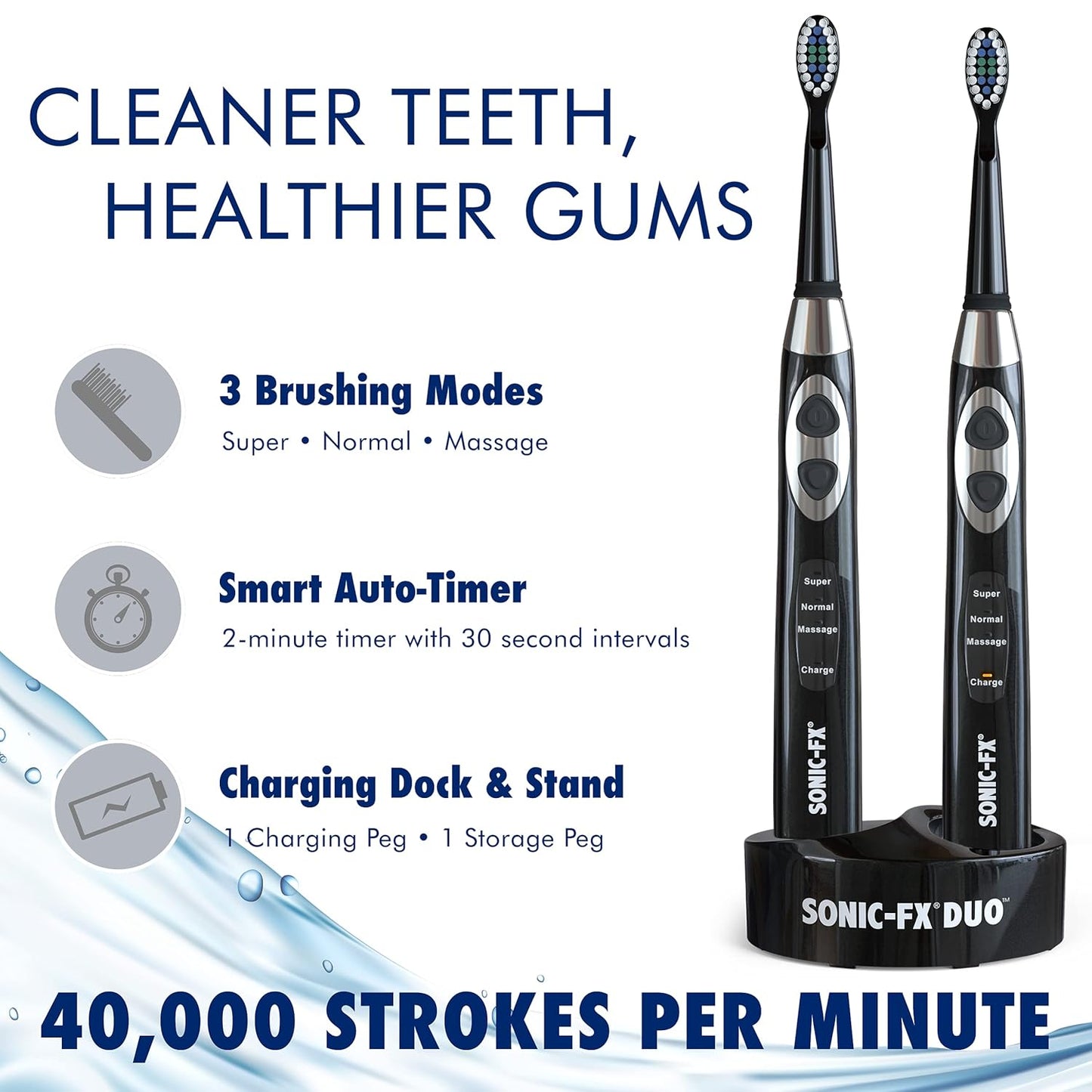 Sonic-FX Duo Rechargeable Electric Toothbrush Set - with 14 Brush Heads, 3 Modes, Smart Auto-Timer, Charging Dock Holder - Dual Handle Electric Tooth Brush for Adults & Kids, Black