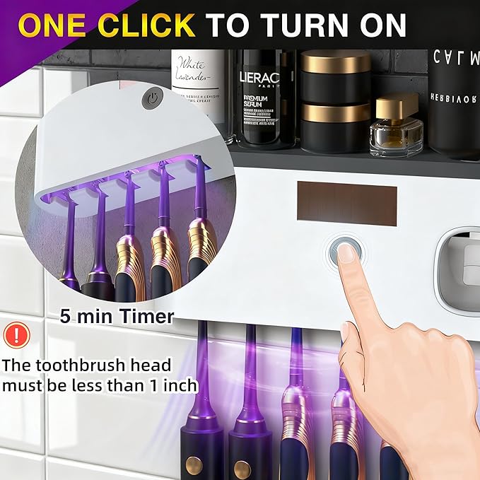 Wall Mounted Toothbrush Holder with Toothpaste Dispenser Electric Toothbrush Holder for Bathroom Solar Charging and No Drilling Required Smart Toothbrush Organizer with 5 Brush Slots