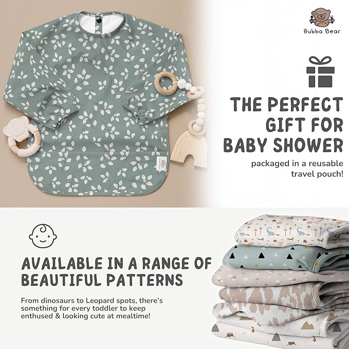 Bubba Bear Baby Bib with Sleeves, Long Sleeve Toddler Feeding Apron Bibs for Eating & Lead Weaning, Mess Proof Full Sleeved