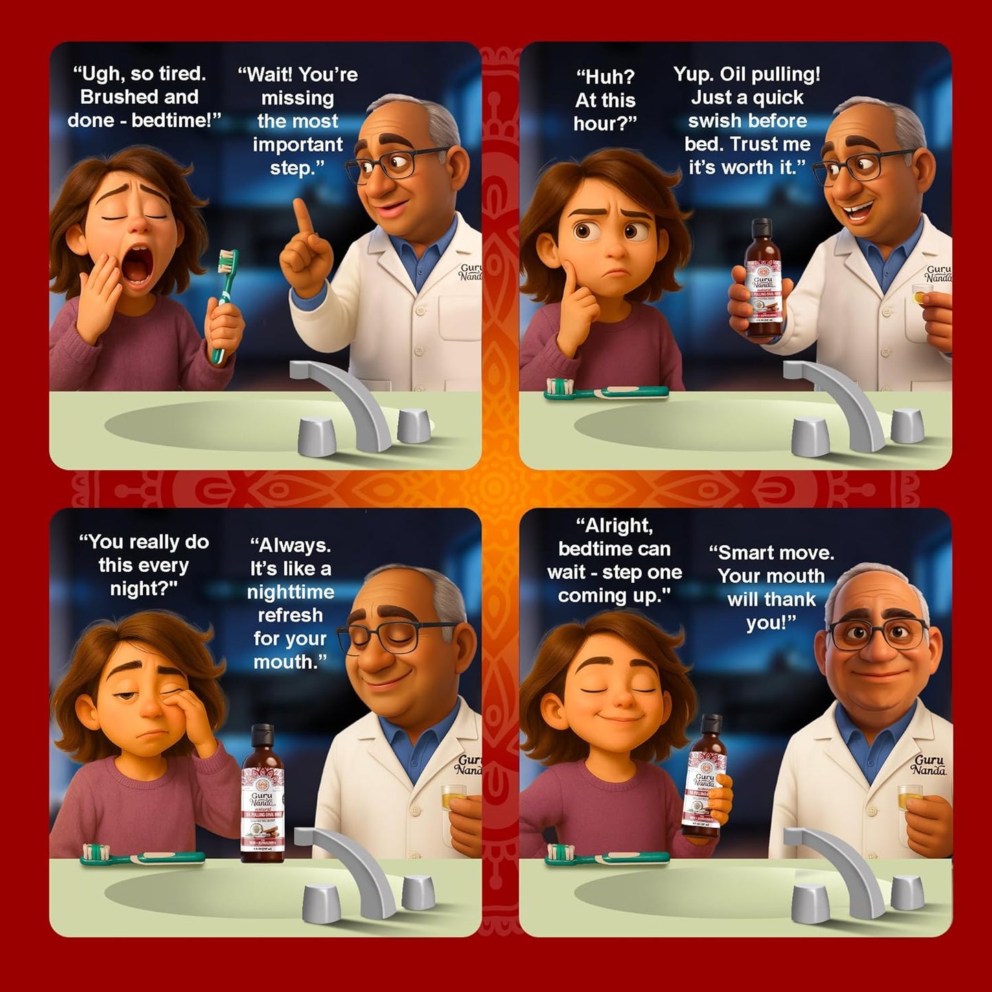 GuruNanda Cinnamon Oil Pulling Mouthwash, Promotes Calmness, with Neem & Ashwagandha for Fresh Breath & Happy Gums, Alcohol-Free, with Toothbrush & Tongue Scraper, 3X8 Oz