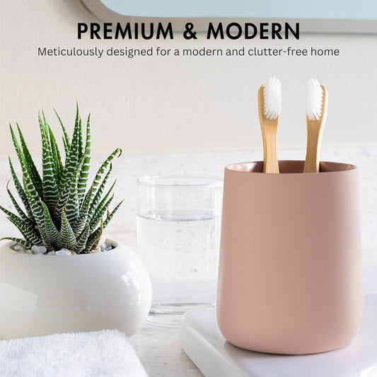Matte Dusty Pink/Mauve Toothbrush and Toothpaste Holder and Cup for Bathroom Vanity and Countertop, Round Organizer for Electric Toothbrushes, Floss, Razors, Cotton, and Mouthwash
