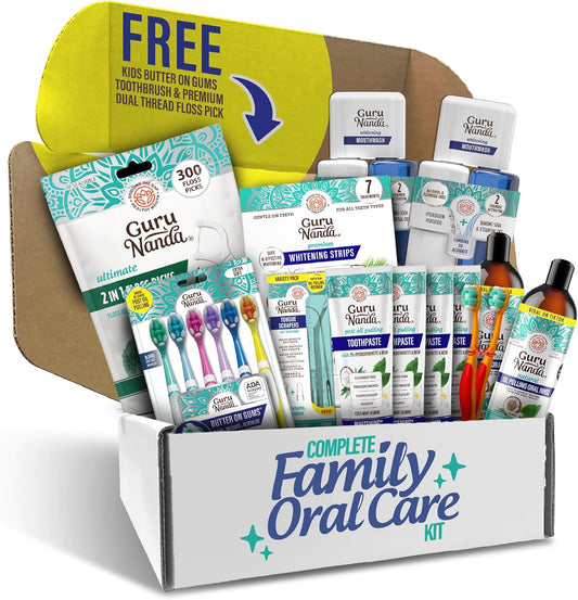 GuruNanda Family Complete Oral Care Set – The Ultimate Routine with Oil Pulling, Toothbrush, Toothpaste, Tongue Scraper, Floss Picks, Mouthwash & Whitening Strips