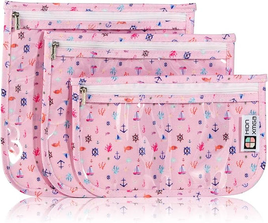 TSA Approved Toiletry Bag, Set of 3 Clear Travel Toiletry Bag Quart Size Zipper Travel Pouch, Waterproof Makeup Cosmetic Bag for Women Men Kids Toiletries Carry on, Sailing