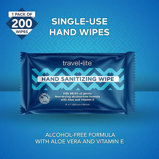 Travel Lite Alcohol-Free Hand Wipes with Aloe Vera and Vitamin E, Fresh Scent 200ct Individually Wrapped Travel Essentials Wipes for Adults and Kids