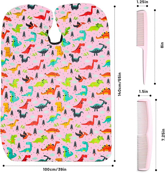 Gealaek Kids Haircut Cape and Comb Set Professional Barber Haircombs and Girls Dinosaur Hairdresser Apron with Adjustable Closure 55x40 Inches Salon Kit (Pink)