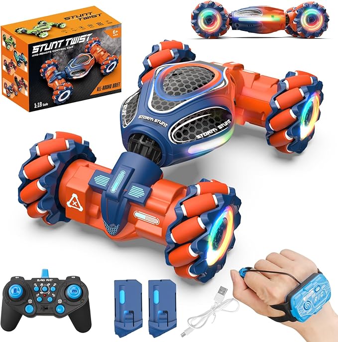 Remote Control Car for Boys - RC Cars for Boy Age 4-12, Gesture Sensing RC Stunt Drift Car for Kids Toys 4 5 6 7 8 9 10 11 12 Year Old Boy Birthday with Cool Lights Music (Orange)