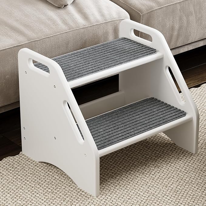 AMBIRD Wooden Step Stool with Washable and Removable Mats, Toddler Step Stools 300 lbs Capacity with Non-Slip Pads and Handles, Kid Step Stool for Kitchen, Bathroom, Bedroom (White with Gray Mats)