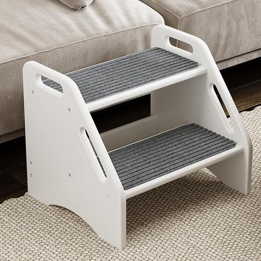 AMBIRD Wooden Step Stool with Washable and Removable Mats, Toddler Step Stools 300 lbs Capacity with Non-Slip Pads and Handles, Kid Step Stool for Kitchen, Bathroom, Bedroom (White with Gray Mats)