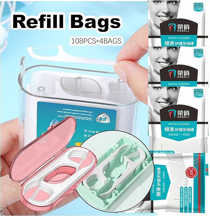 Dental Floss Picks - 4 Packs, 108pcs/bag, Bulk Flossing Picks for Adults - Portable Refillable Toothpick - Unflavored, Soft Plastic - Ideal for Braces - Dental Flosser and Toothpick Combo!