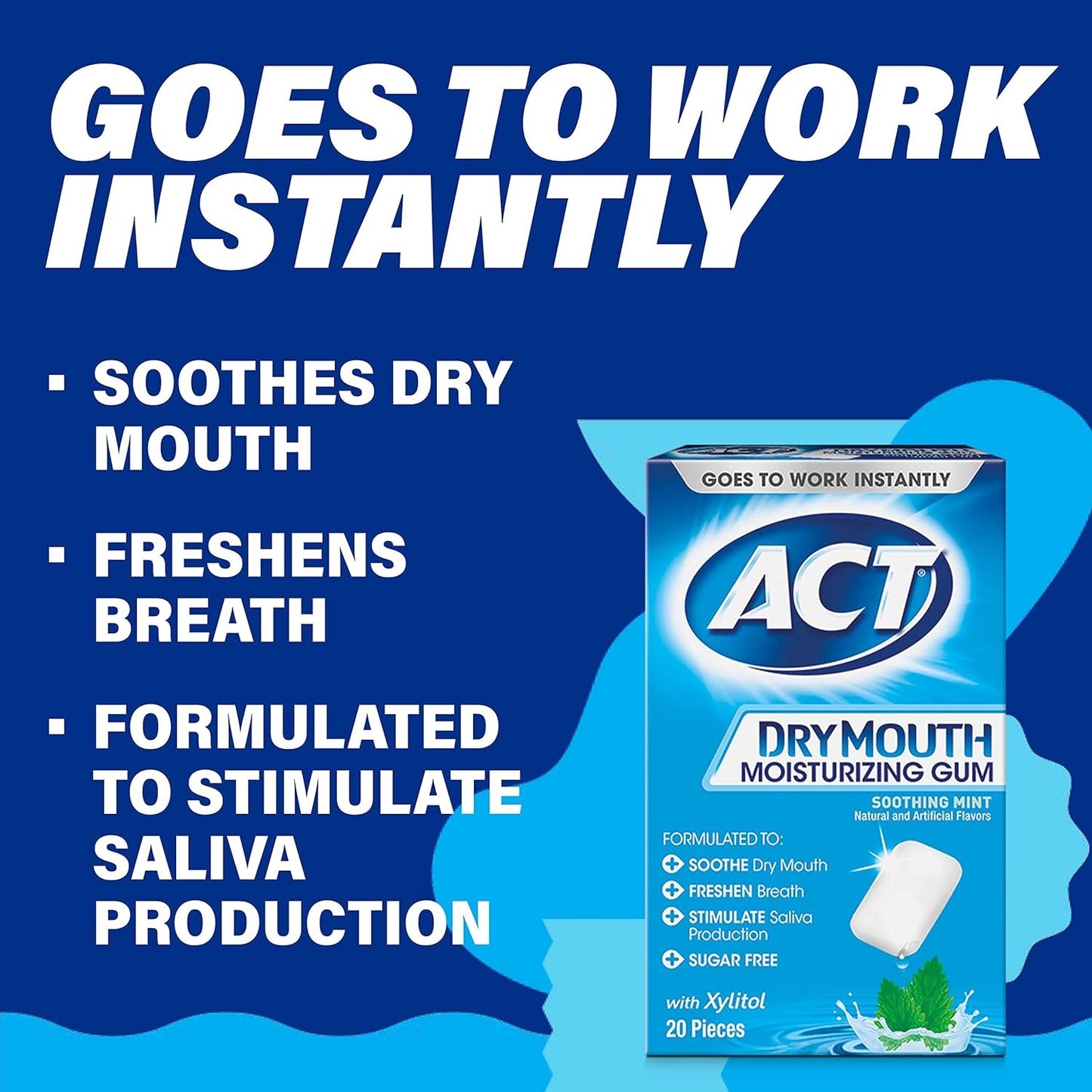 ACT Dry Mouth Moisturizing Gum, 20 Pieces, With Xylitol, Sugar Free Soothing Mint (Pack of 3)
