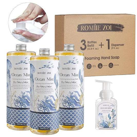 ROMIIE ZOI Hand Soap Refills, Foaming Hand Soap Natural Plant Moisturizing Handsoap Fragrance Ocean Mist - Soft Hand Wash for Kitchen & Bathroom - with Foam Soap Dispenser 1L/33.8oz Pack 0f 3