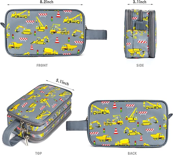 Kids Toiletry Bag for Boys, Travel Toiletry Bag for Little Young Boys Waterproof Hanging Wash Bag Toddler Traveling Toiletries, Construction Grey