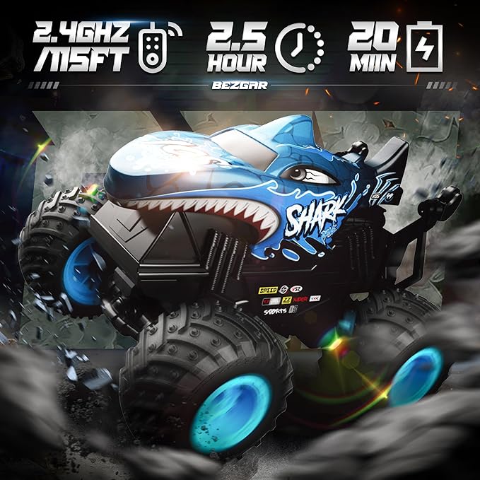 BEZGAR Monster Truck Toys - Remote Control Monster Truck with Light & Music, Dinosaur Toys for Kids, 1:20 Scale RC Truck with 360° Spins and Drifting, Remote Control Car for Boys (Blue)