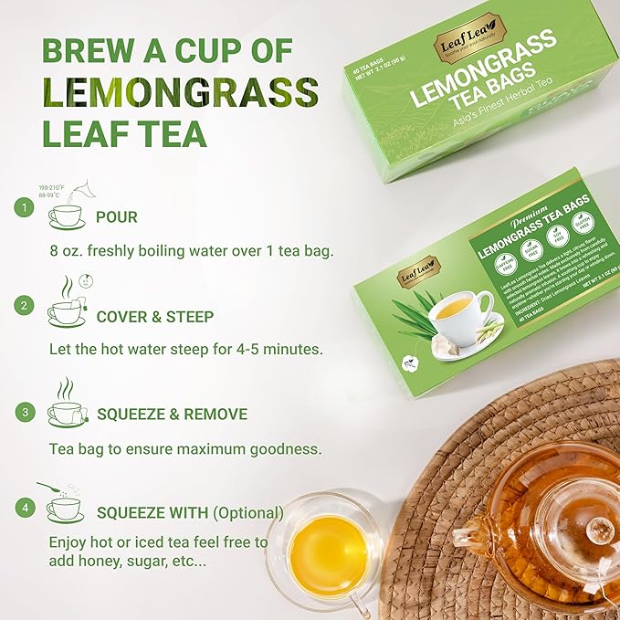 LeafLea Lemongrass Tea Bags, 40 Count, 100% Natural Lemongrass Leaves, Te Limon Grass, Te de Limoncillo Herbal Tea with Smooth Light Aroma, Sugar-Free, Caffeine-Free, Non-GMO, Vegan Friendly
