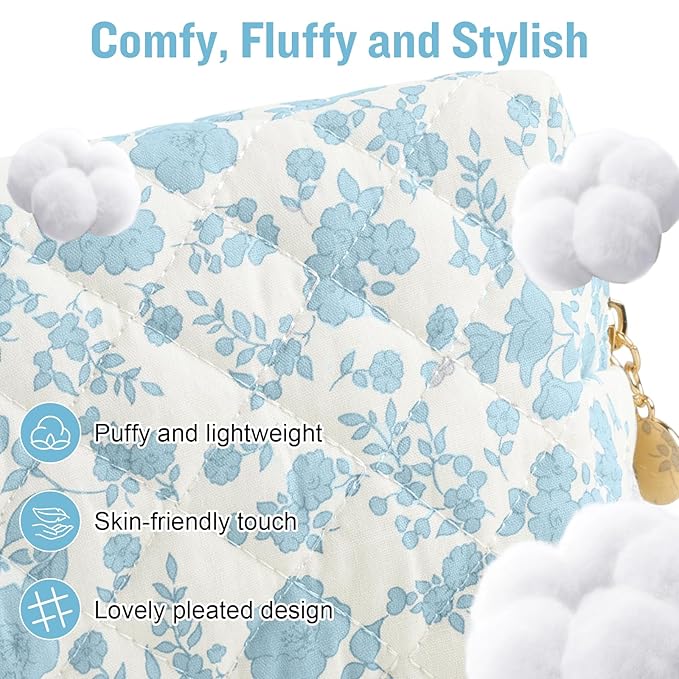 Personalized Quilted Cosmetic Bag, Puffy Monogrammed Christmas Birthday Gifts for Women & Girls, Cute initial Floral Makeup Bag Puffer Coquette Bag, Aesthetic Travel Toiletry Zipper Pouch(Blue,J)