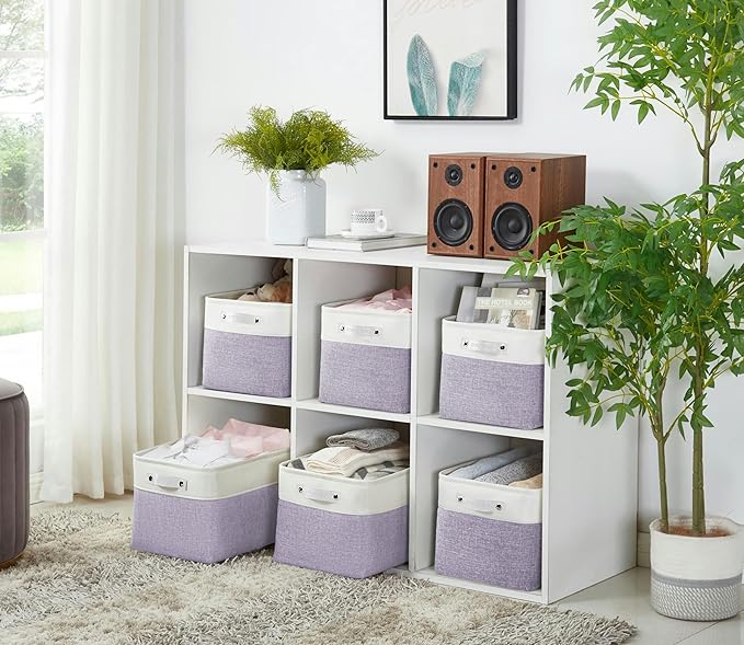 DECOMOMO Storage Baskets for Shelves - Fabric Storage Bins, Linen Closet Organizers and Storage (Purple & White, Large - 3 Pack)