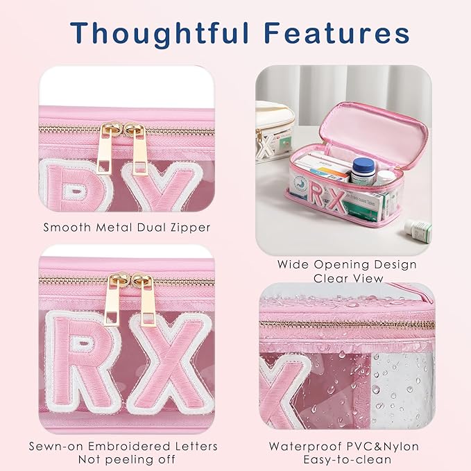 Clear Waterproof MEDS RX Makeup Bag，Transparent PVC Letter Patch medication travel case with Handle and Zipper, Portable Meds First Aid Travel Organizer Cosmetic Bag(03 Pink RX)