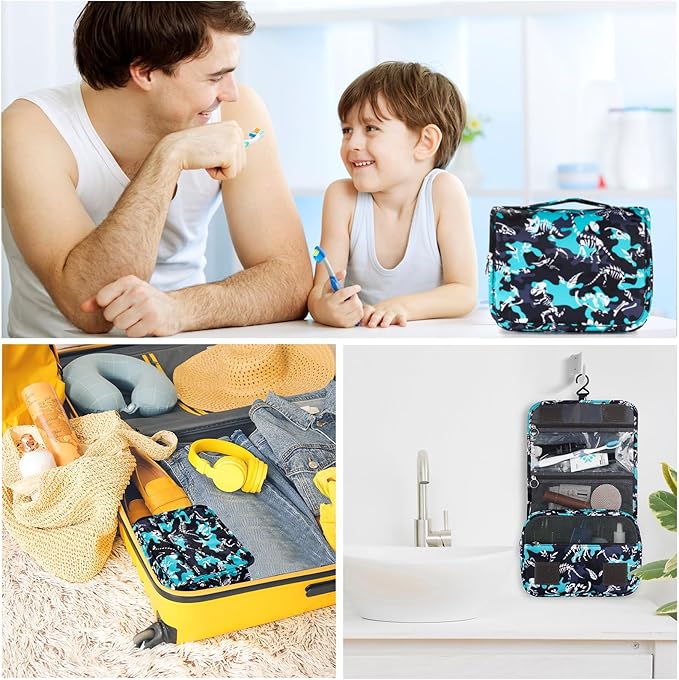 Kids Hanging Toiletry Bag for Boys, Travel Toiletry Bag for Little Young Boys Waterproof Wash Bag Toddler Traveling Toiletries, Dinosaur Black