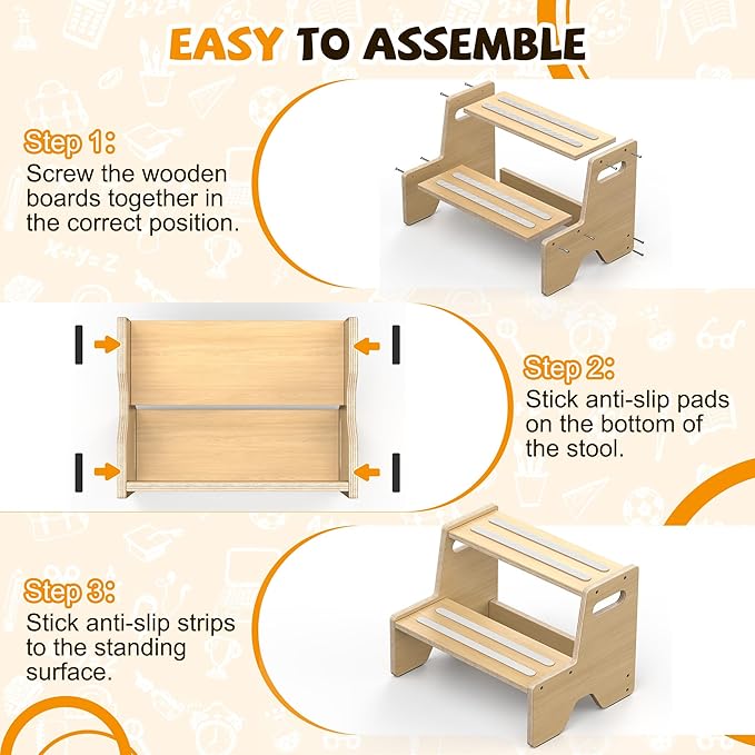 Step Stool for Toddler, Sturdy Wooden 2-Step Stool with Anti-Slip Surface and Pads for Barthroom, Kitchen, Bedroom, Toilet, and Potty Training - 2 Pack