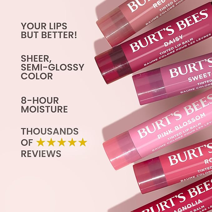 Burt's Bees Lip Tint Balm Stocking Stuffers Gifts, Long Lasting 2 in 1 Duo Tinted Balm Formula, Color Infused with Hydrating Shea Butter for a Natural Looking Buildable Finish, Petal Rose (2-Pack)