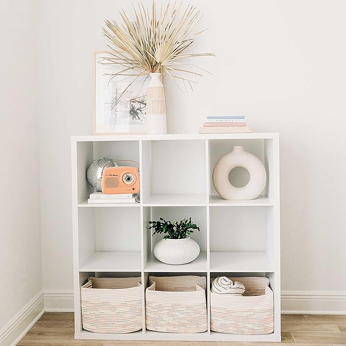 OrganiHaus Set of 3 Woven Storage Baskets for Shelves, Decorative Organizer Bins for Closet & Bathroom, Multipurpose Home Organization Baskets, Toy Storage Basket - Rainbow Stitches 15x9x10 inches