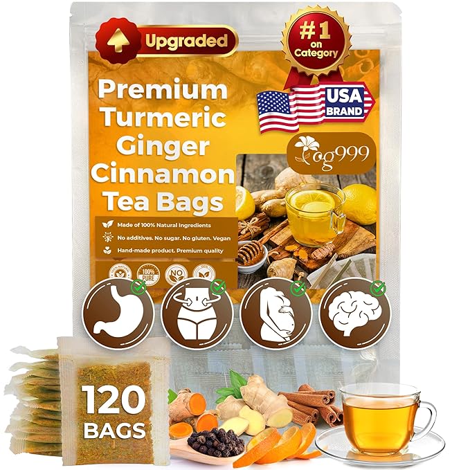 TOG999, 120 Bags Premium Turmeric Ginger Cinnamon Tea. Upgraded Version. Improve Digestion, Support Brain, Weight, Skin and Sleep. Eco-Conscious Tea Bags. No Sugar, No Caffeine, No Gluten, Vegan.