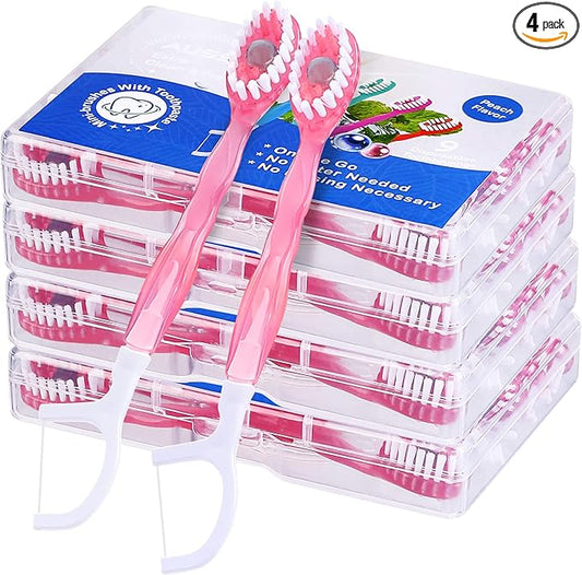 36 Pack Mini Disposable Toothbrushes – 5-in-1 Prepasted Travel Toothbrush with Toothpaste Floss & Pick for Hotel Camping Flight Car Guest Use – 9ct per Portable Case Essentials for Women Men Kids