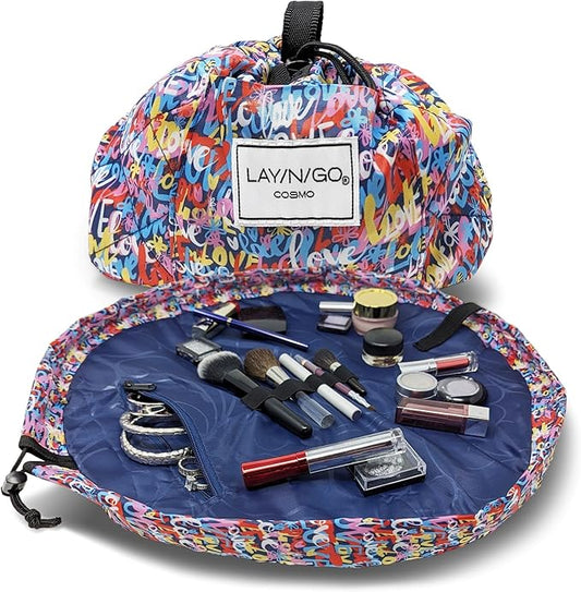 Lay-n-Go Cosmo Layflat Drawstring Cosmetic & Makeup Bag Organizer w/Zipper Pocket, Brush Loops & More, Cinch to Close, Lay Flat to Use, Durable, Machine Wash, Travel Toiletry Bag (20", Love)