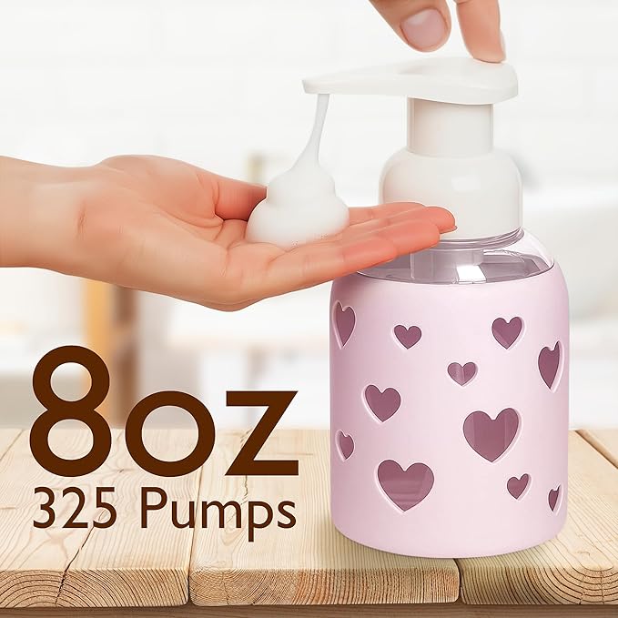 SoCal Suds & Company Glass Foaming Hand Soap Dispenser, Heart Silicone Sleeve, Refillable Pump Bottle for Kids, Baby Wash & Shampoo, Ideal for Home Use, Soft Pink 8oz