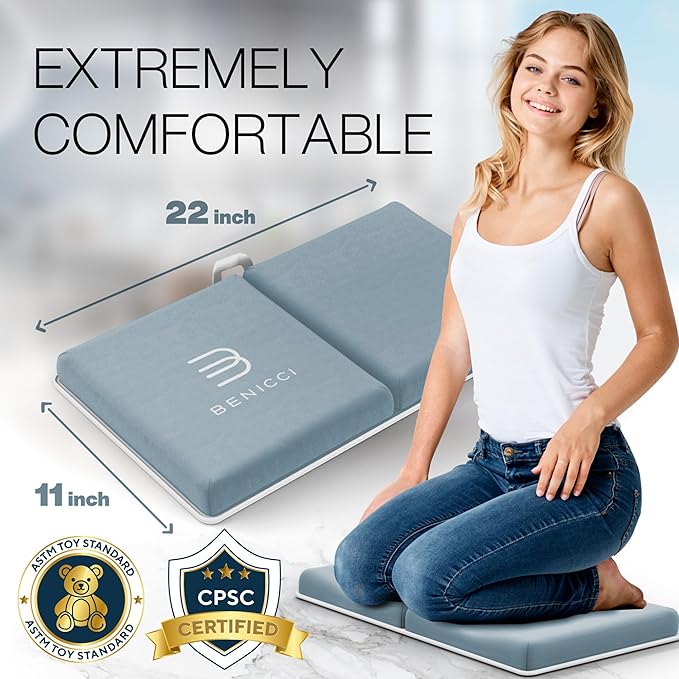 Comfortable Bath Kneeler and Elbow Kneeling Rest Pad for Baby Bathing Parents - Painless Foam Mat with Toy Organizer Pockets - Quick Drying, Foldable, Non-Slip for Baby and Toddler Bathing - Blue