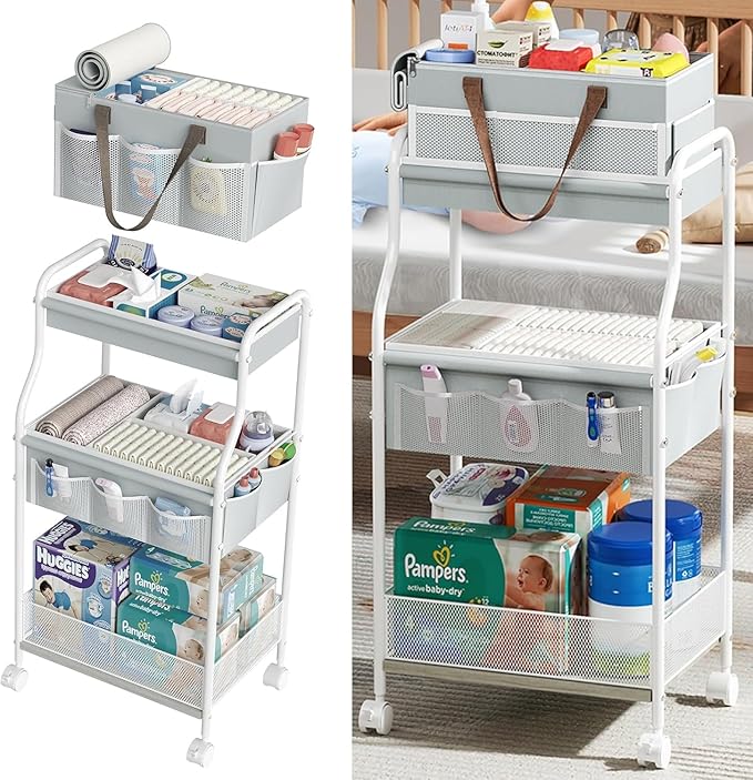 2In1 Baby Diaper Caddy & 3-Tier Rolling Diaper Cart, Diaper Caddy Organizer Cart with Dividers & 12 Pockets, Nursery Bedside Caddy Utility Cart for Baby Clothes & Dresser Baby Bottle,Baby Essential