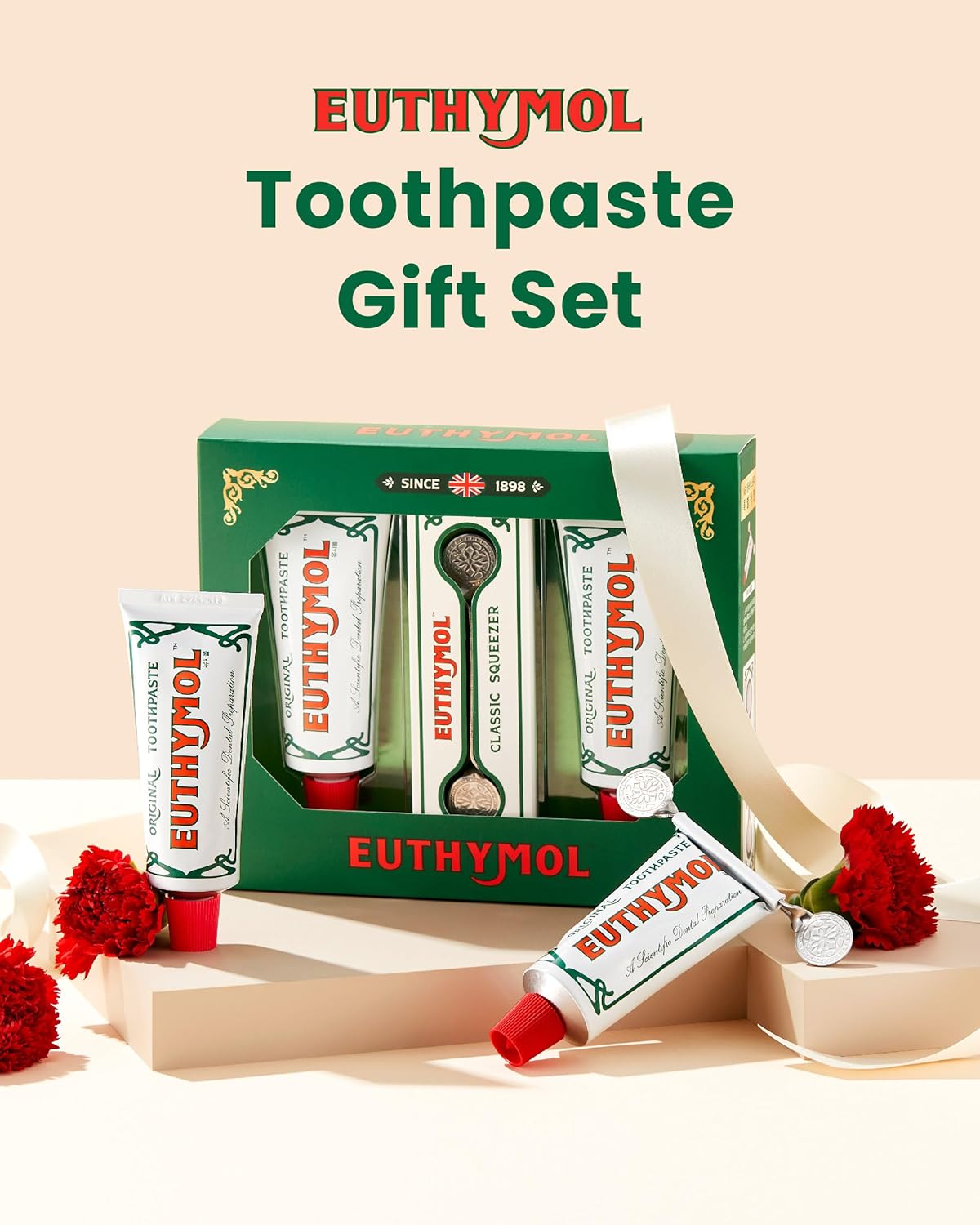 EUTHYMOL Original Toothpaste Set (Gift Set, 3.7fl oz*2, Sqeezer Set) - Fluoride-Free for Sensitive Teeth & Gum. Bad Breath, Cavity Prevention, 12-Hour Long Lasting Freshness with Wintergreen