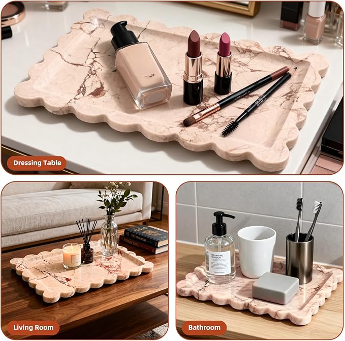 Yew & Tulip Natural Marble Vanity Tray with Scalloped Rim, Nature Rose Pink Luxury Stone Serving Tray for Bathroom, Kitchen, Vanity, Home Decor, Wedding etc. (12"x 8" x 0.6")