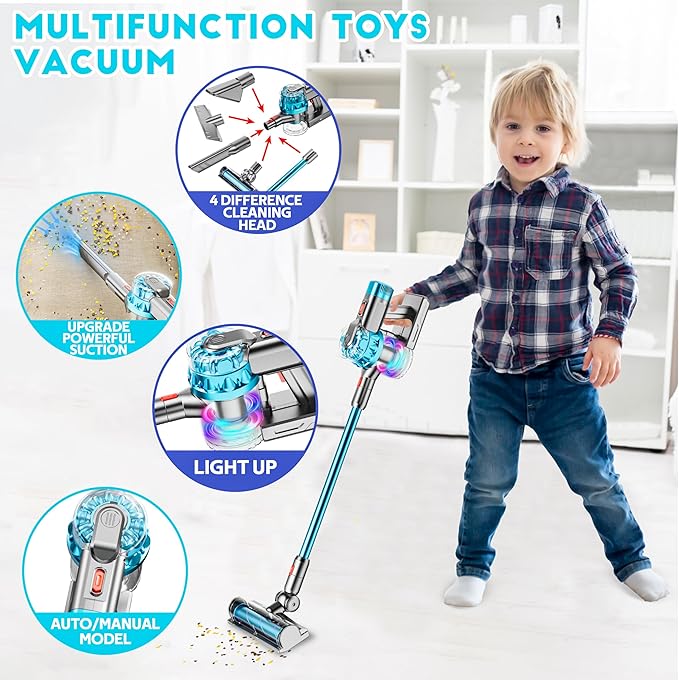 4-in-1 Kids Toy Vacuum That Really Works, Toddler Pretend Play Cleaning Set with Real Suction, Toys Working Cleaner Birthday Idea for 3 4 5 6 7+ Year Girl Boy (Cyan)