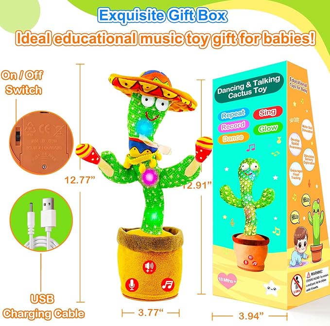 Rechargeable Dancing Talking Cactus Toy w/Volume Adjustable, Cactus Baby Toy Repeat What You Say, Baby Toys for Boys Girls, Singing Mimicking Cactus Toy, Birthday or Chirstmas Gifts for Grandkids