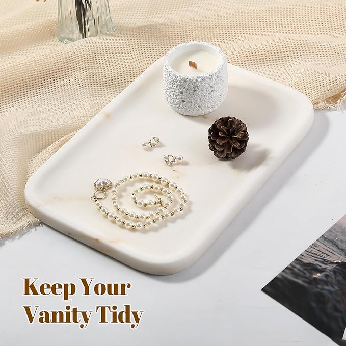 Koville Marble Tray, 12"x8" Marble Vanity Tray for Bathroom Kitchen Countertop, Rectangular Stone Tray for Cosmetics Perfume Trinket, Decorative Catchall Trays (Golden Calacatta)