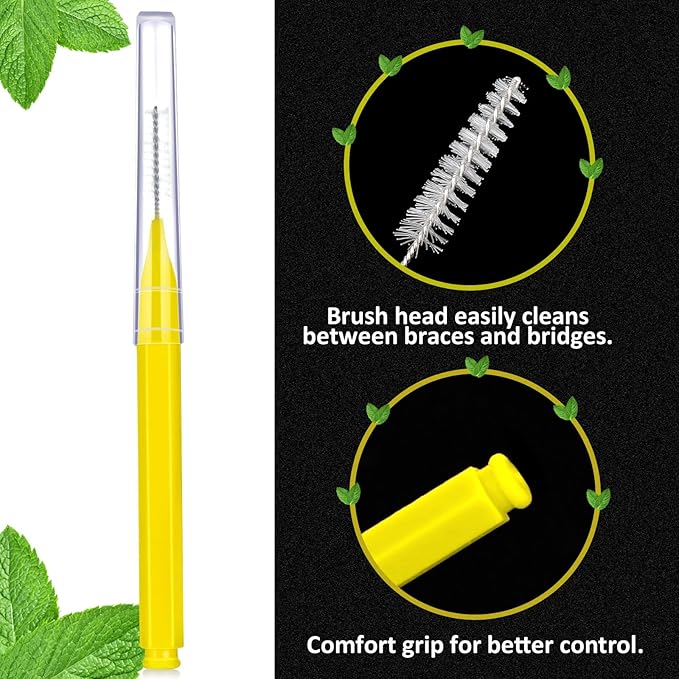 Patelai 100 Pieces Braces Brush for Cleaner Interdental Brush Toothpick Dental Tooth Flossing Head Oral Dental Hygiene Flosser Toothpick Cleaners Tooth Cleaning Tool(Yellow,Portable Size)
