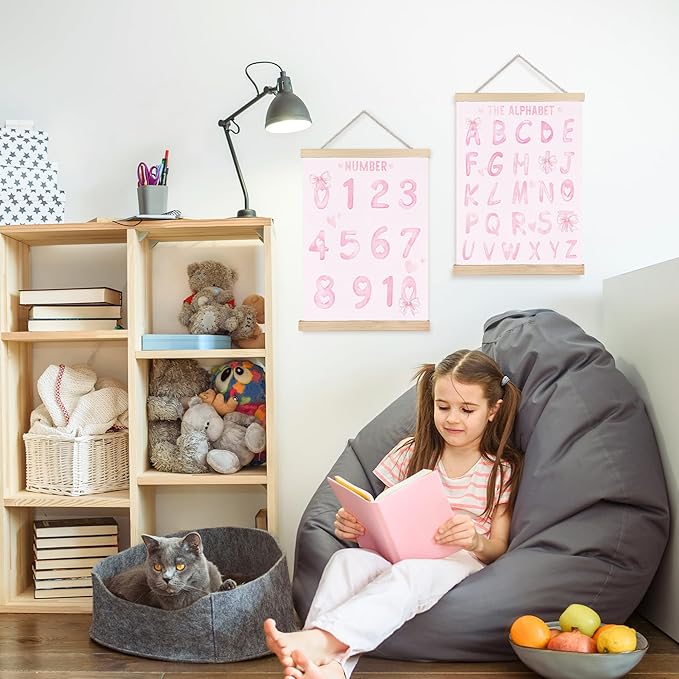 Pink Numbers 0-10 Alphabet Baby Learning Poster Wall Art Decor, Girl Nursery Decor, Coquette Pink Bow Learning Wall Decor Posters for Toddler Baby Girls Kids Room Playroom Homeschool, 12x16 Inch Set of 2