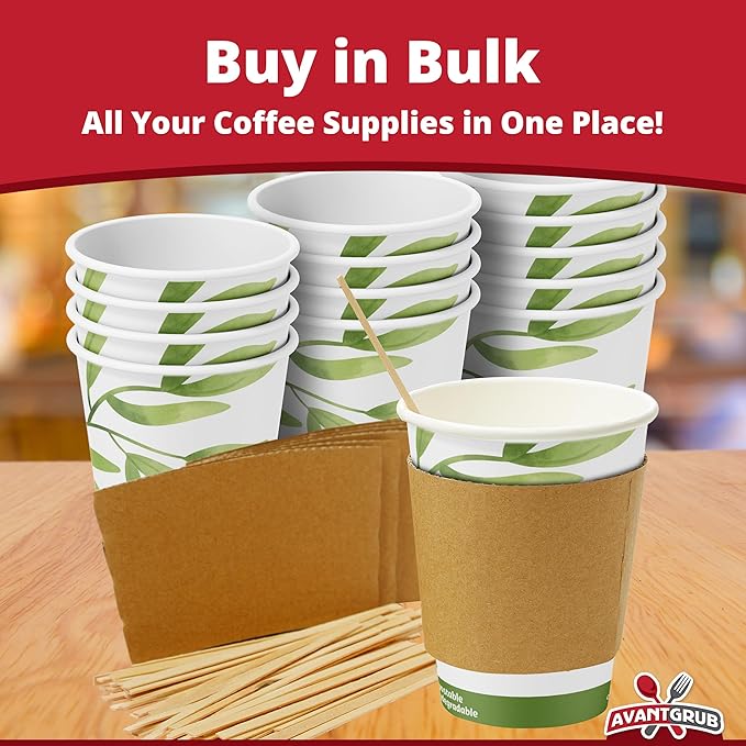 50Pk of 12Oz Recyclable Hot Drink Cups Wood Stirrers and Cardboard Coffee Sleeves. Biodegradable Compostable and Disposable Decorative White Coffee Cups Useful for Eco Friendly Business and Cafes.
